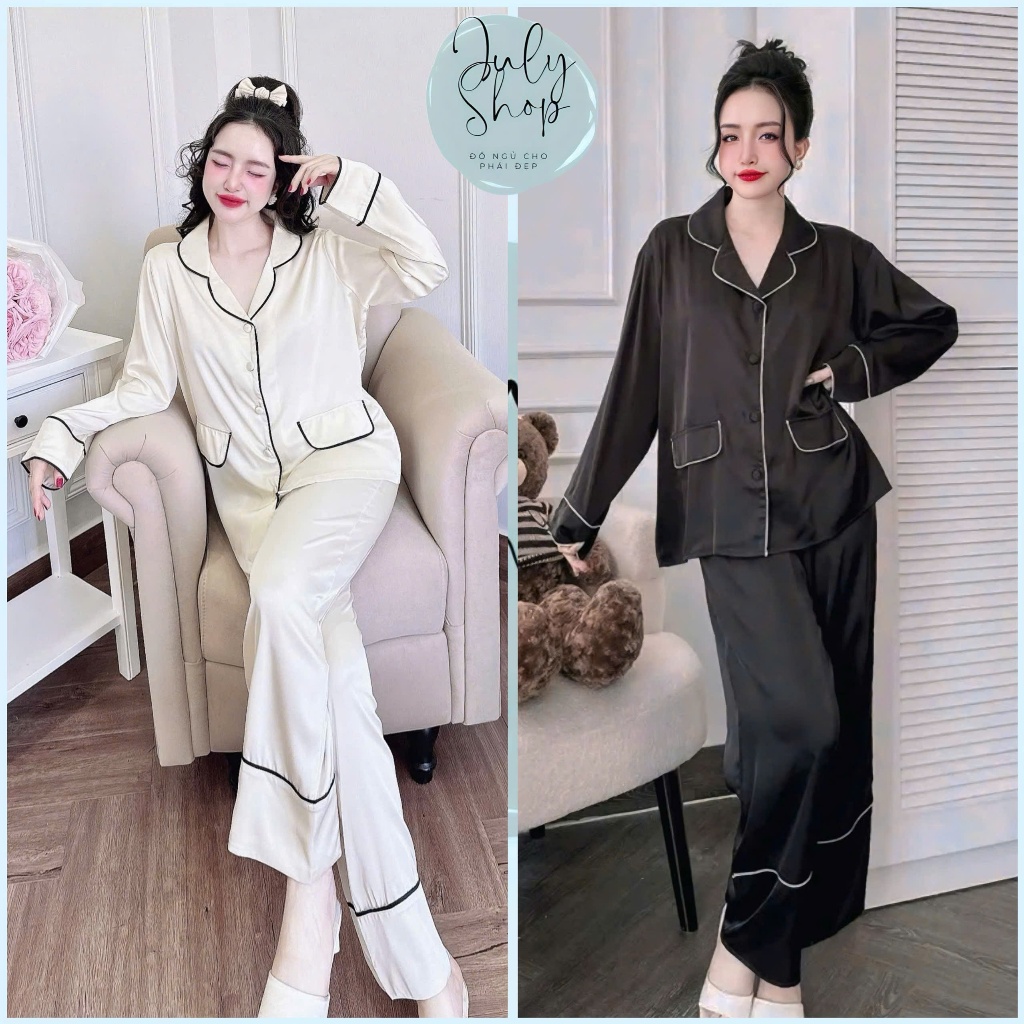 [50-70kg] Đồ Ngủ Nữ JULY, Đồ Bộ Mặc Nhà BIGSIZE Áo Tay Dài Có Nắp Túi Phối Viền Lé Chất Lụa Latin Ca