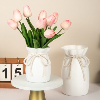 Bình hoa nhựa giả gốm mộc thắt dây gai dùng cắm hoa tulip hoa lụa nhỏ decor xinh xắn