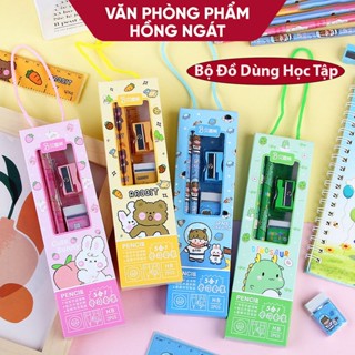 Bộ dụng cụ học tập 5 chi tiết có quai xách, đồ dùng học tập dễ thương cute giá rẻ làm quà tặng học sinh QT26