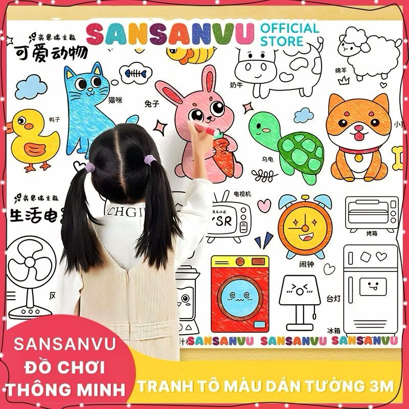 [LOẠI 3M ĐẸP] Tranh tập tô màu dán tường cho bé, có thể cắt hình , keo đặc biệt có sẵn mặt sau