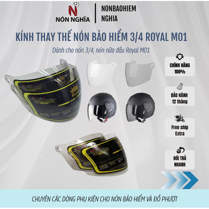 Kính Royal M01 thay thế cho mũ bảo hiểm Royal M01 - Thay thế cho nón grab 3/4 - CHÍNH HÃNG - Màu trắ