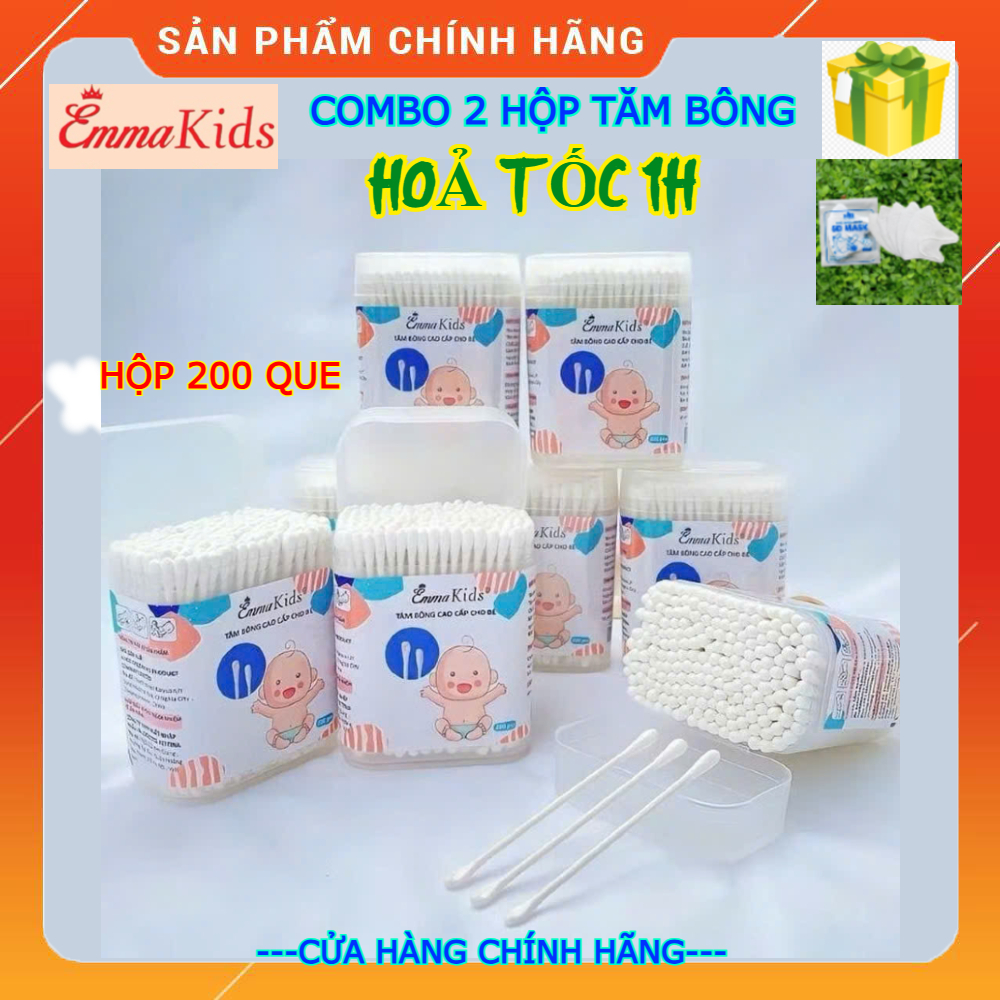(HoảTốc1h) Tăm bông rái tai cho bé Emmakids, Bông ngoáy tai trẻ em 2 đầu nhỏ dẹt và tròn, Hộp 200 qu