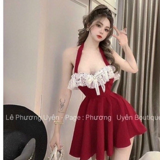 đầm nhung hai dây phối ren midi xinh lắm pc