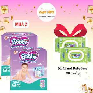  COMBO 2 Tã bỉm quần Bobby Ultra+ siêu khô thoáng Tặng 2 khăn ướt BabyLove 80 miếng cho bé size S M L XL Cami kids shop 
