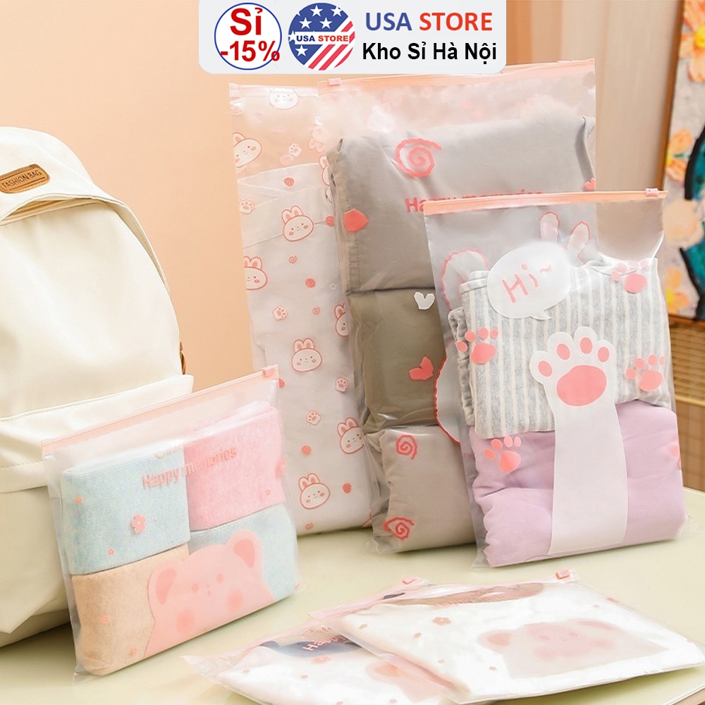 Combo 6 TÚI Khóa Zip Lụa THỎ HỒNG T9 Trong Suốt Có Khóa Kéo Đựng Quần Áo Đi Sinh Em Bé - Túi Zipper Đựng Quần Áo