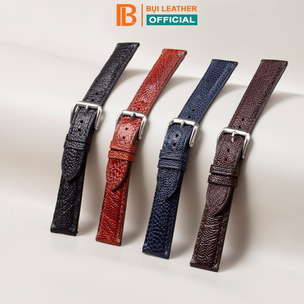 Dây da đồng hồ nam đà điểu không vảy D104B - Handmade size 18-24mm - Bụi Leather