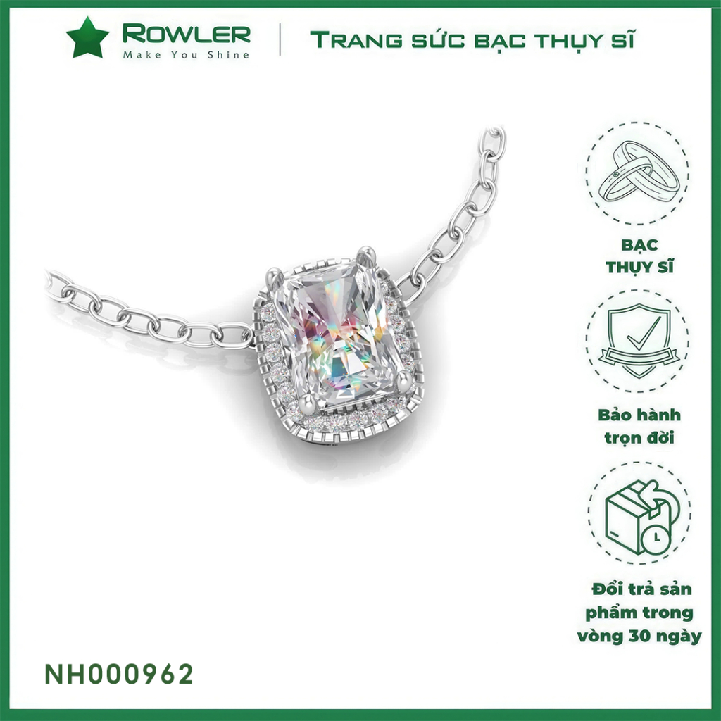 Dây cổ bạc Thụy Sĩ đính full đá Moissanite chữ nhật Radiant cut 6*8 ly_Trang sức bạc chính hãng_ ROWLER