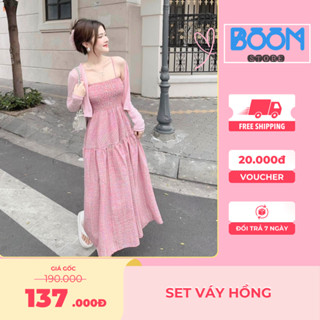 Set đầm 2 dây caro hồng kèm áo khoác ngoài dài tay tiểu thư du lịch dạo phố sang chảnh hot đi biển