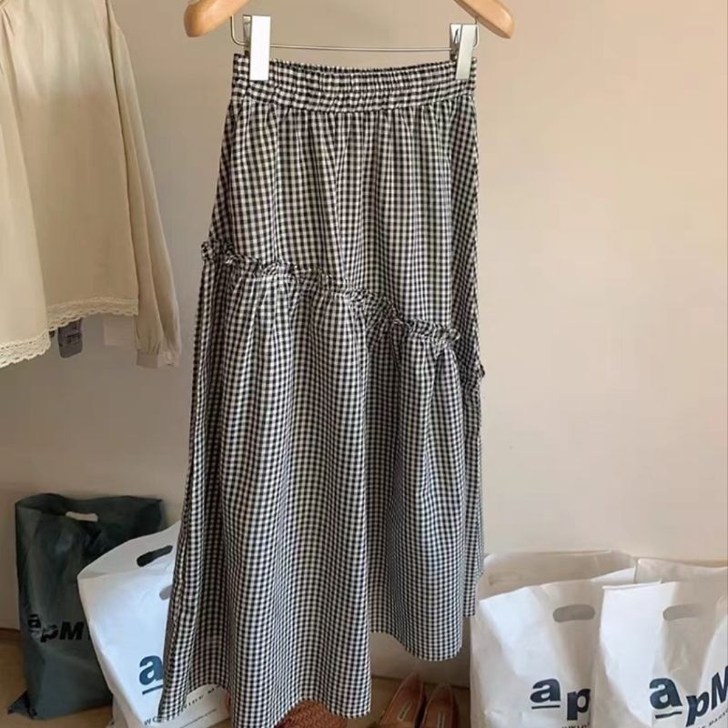 chân váy midi bèo nhún kẻ caro dáng dài ulzzang | BigBuy360 - bigbuy360.vn