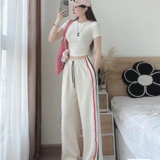 set đồ nữ sang chảnh,áo cộc tay nữ ôm body mix quần dài ống rộng phối kẻ viền siêu năng động cá tính B1247