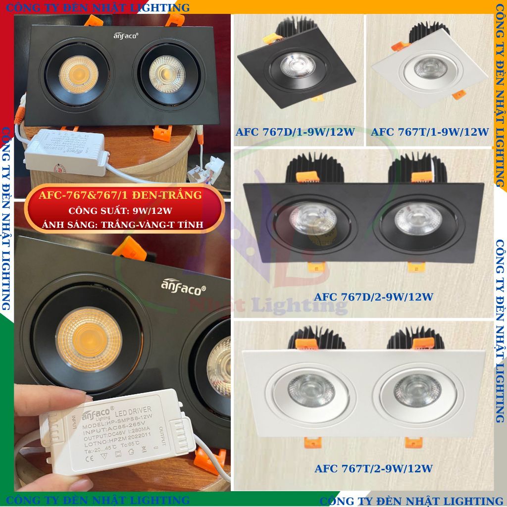 [CTY NHẬT LIGHTING] Đèn âm trần vuông ANFACO 767/1 & 767/2 - 12W màu đen, màu trắng - New 05.26