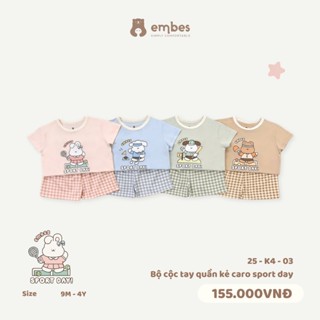 Bộ Quần Áo Cộc Cho Bé Embes, Bộ Cộc Tay In Hình Phối Quần Kẻ Caro Cho Bé Trai Bé Gái Size Từ 8-18Kg