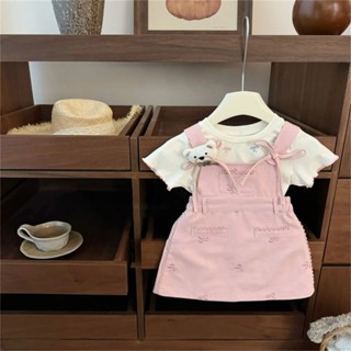 Set Váy Yếm 2 Dây Đính Nơ Màu Hồng Áo Thun Tay Ngắn Bé Gái 1-7 Tuổi MINTSCLOSET Quảng Châu - GS1389