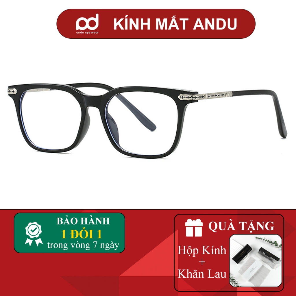 Gọng kính cận thời trang nam nữ ANDU dáng vuông hoạ tiết càng kim loại chạm khắc sang trọng 86029
