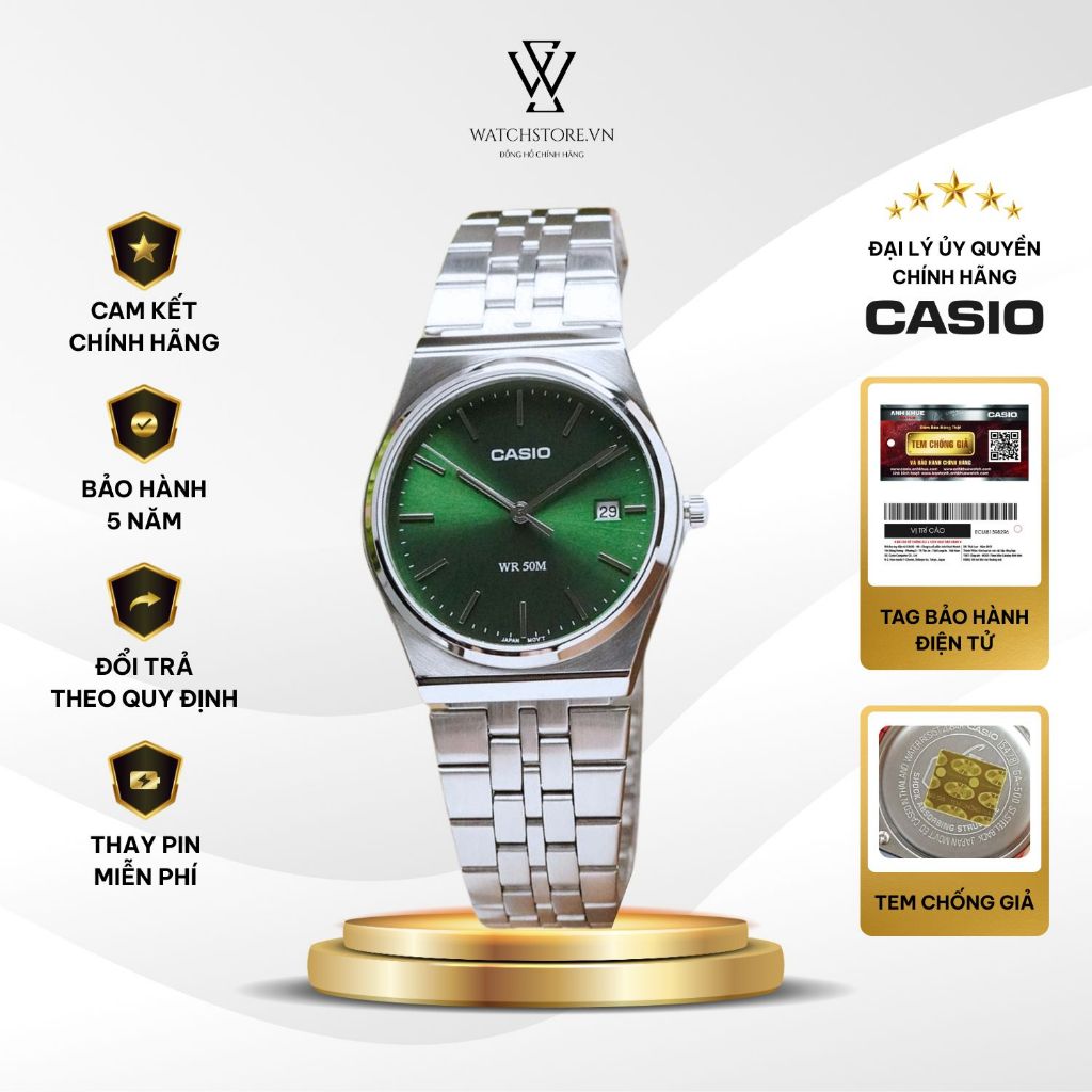 Đồng Hồ Nam MTP-B145D-3AVDF Xanh Lá Cây Kính Khoáng 35mm Chống Nước Kim Đen Dây Kim Loại Chính Hãng 