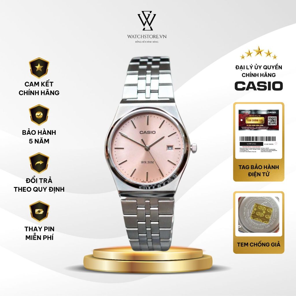 Đồng Hồ Unisex Casio MTP-B145D-4AVDF Màu Hồng Kim Đen Kính Khoáng 35mm Chống Nước Dây Kim Loại Không