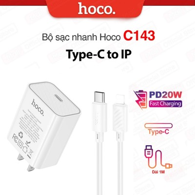 Bộ Sạc Nhanh Hoco C143 Type-C to IP | Hỗ Trợ Sạc Nhanh Chuẩn PD20W - Bảo Vệ Pin - Dài 1m , Chân Dẹt dùng cho ip6/7/8/10/