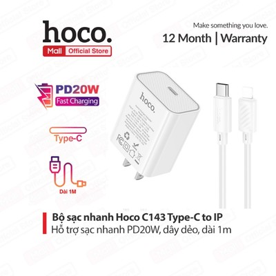 Bộ Sạc Nhanh Hoco C143 PD20W Type-C to IP Hỗ Trợ PD20W, Siêu Bền dài 1m , chân dẹt
