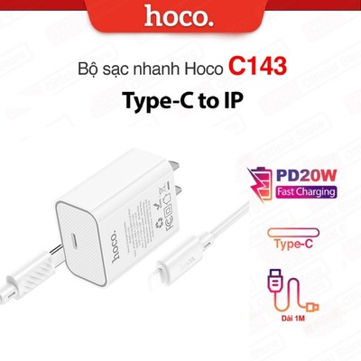 Bộ Sạc Nhanh Hoco C143 PD20W Type-C to IP - Dành Cho ip6/7/8/10/11/12/13/14 , dài 1m chân dẹt