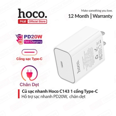 Củ Sạc Nhanh Hoco C143 PD20W - 1 Cổng Type-C, Bảo Vệ Thiết Bị, chân dẹt