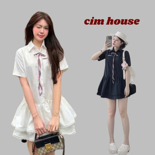  Váy sơ mi nữ tay ngắn 2 tầng bồng xòe phối ren set váy babydoll kèm dây nơ đỏ CIMHOUSE- MV306 