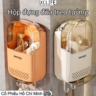 Hộp đựng đũa muỗng treo tường/Giá đỡ đũa thoáng khí ngăn ẩm mốc, Ống đựng đũa có nắp đậy tích hợp móc treo