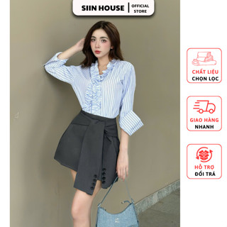 Set Bộ Công Sở Siin House Áo Sơ Mi Bèo Sọc Xanh Và Chân Váy Chữ A Vạt Chéo Có Lót Quần