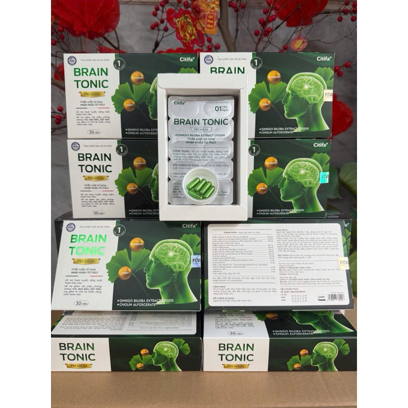 Bổ não brain Tonic hộp 30v ngày dùng 1 viên ,tặng kèm 3 vĩ ginko