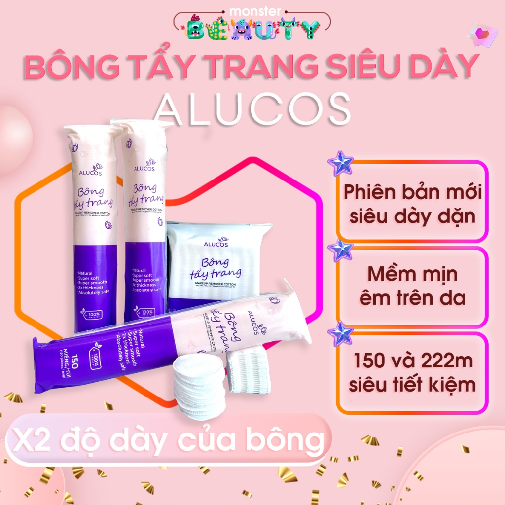 [MÃ LIVE 15%]  Bông Tẩy Trang Alucos 222 Miếng Dạng Vuông Và 150 Miếng Dạng Tròn - Monster Beauty