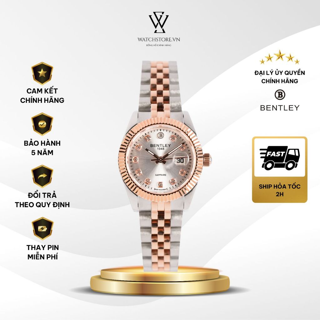 Đồng Hồ Bentley Nữ BL2333-10LTCI Dây Demi Vàng Hồng Máy Pin Kính Saphire 30mm Chống Nước Chính Hãng 