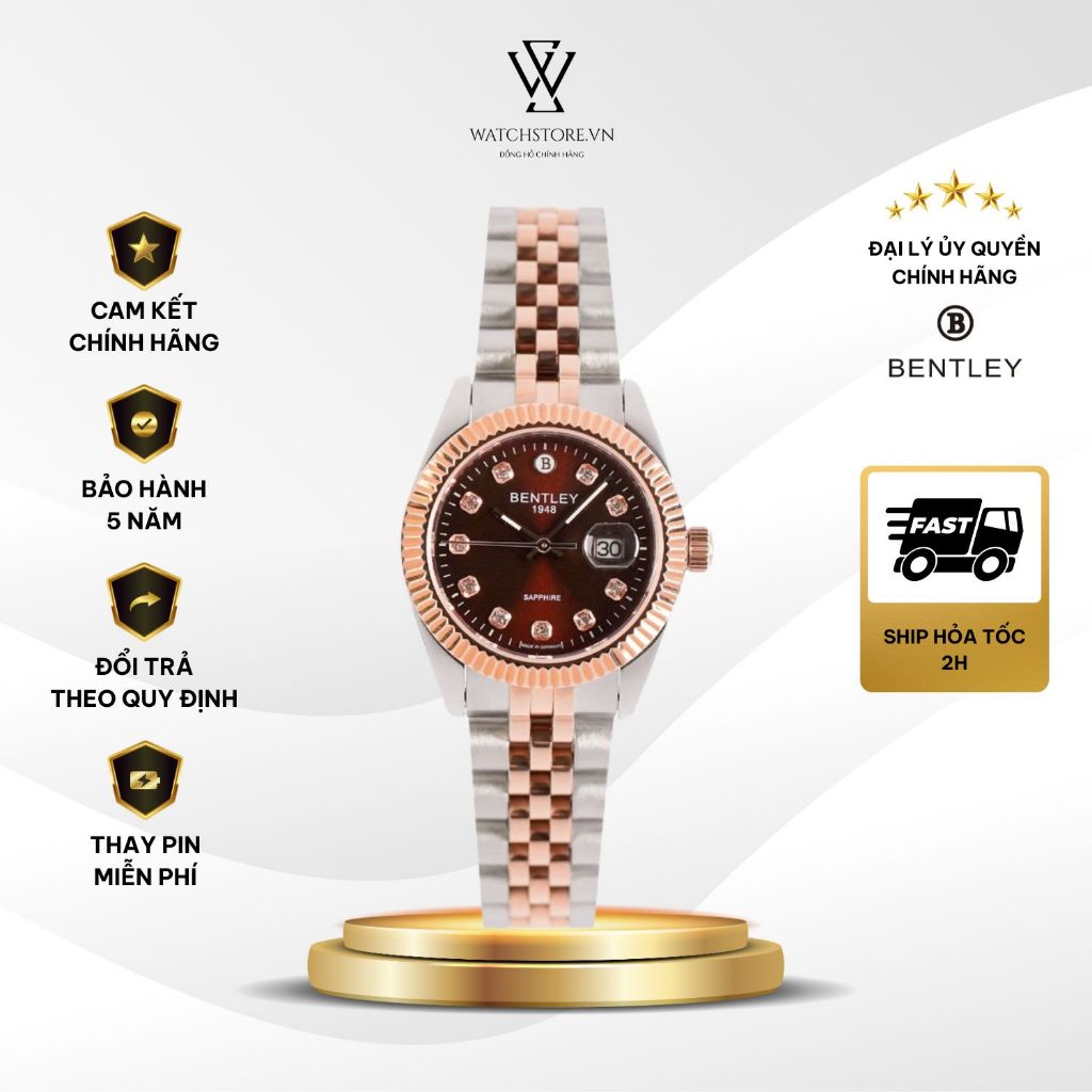 Đồng Hồ Bentley Nữ BL2333-10LTDI Dây Demi Vàng Hồng Mặt Nâu Máy Pin Kính Saphire 30mm Chống Nước Chí