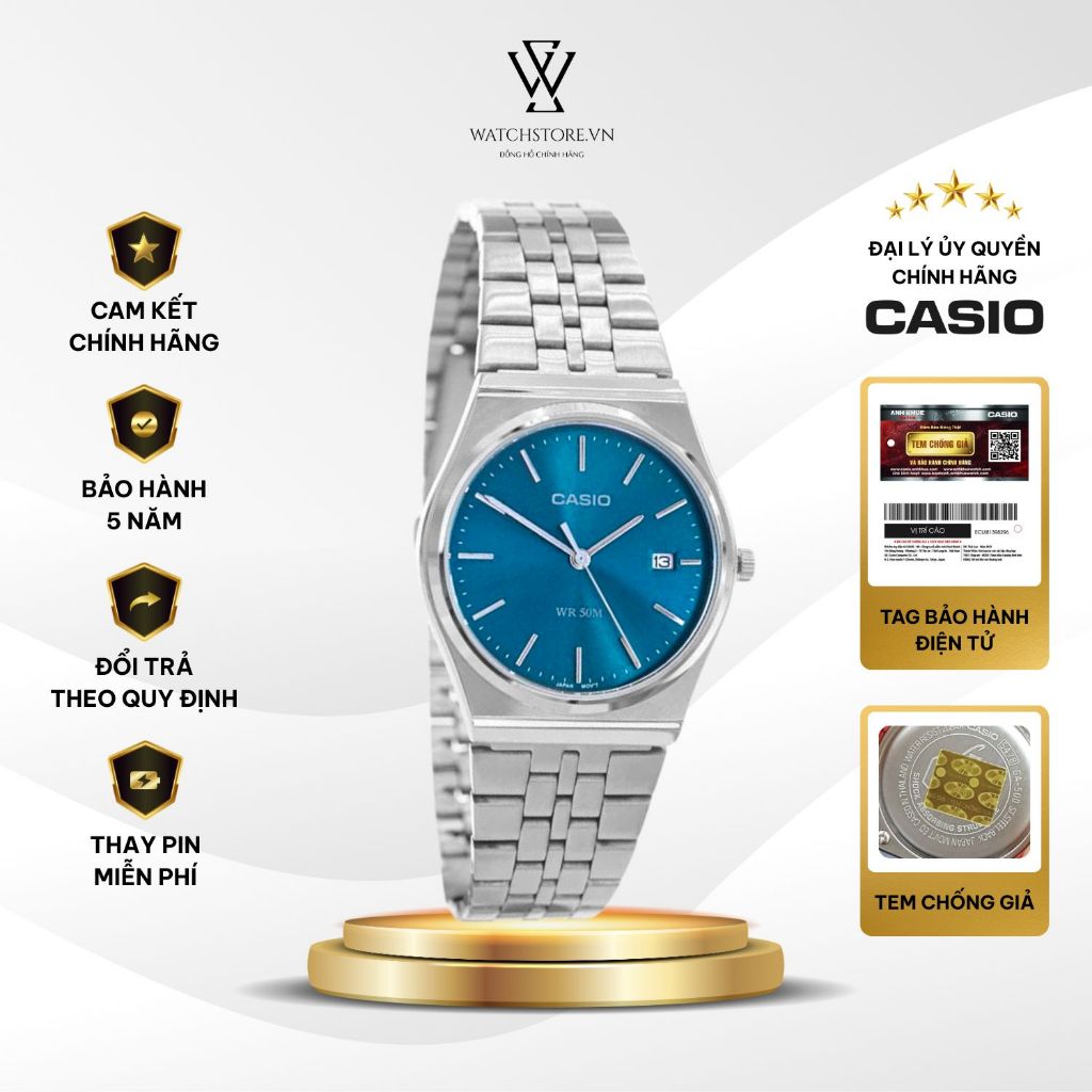 Đồng Hồ Nam MTP-B145D-2A2VDF Xanh Đậm Kim Bạc Kính Khoáng 35mm Chống Nước Dây Kim Loại Chính Hãng Ca