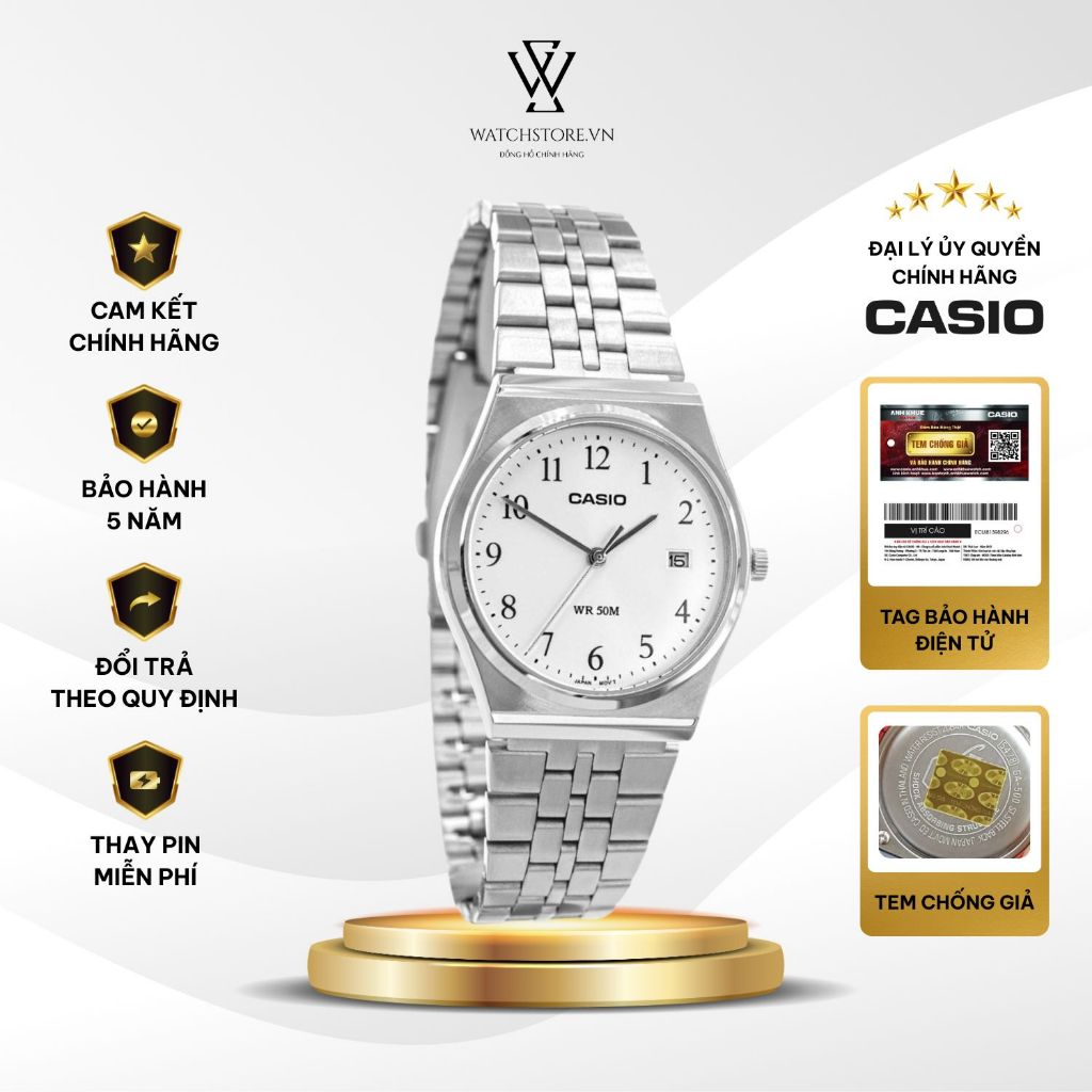 Đồng Hồ Nam Casio MTP-B145D-7BVDF Trắng Kim Bạc Kính Khoáng 35mm Kháng Nước Vỏ Kim Loại Không Gỉ Chí