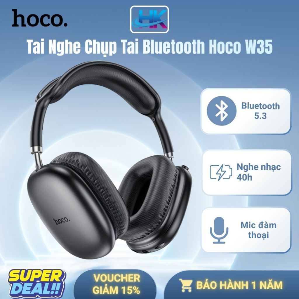 Tai nghe chụp tai Hoco W35 Air , Bluetooth V5.3, có mic đàm thoại hỗ trợ khe cắm thẻ nhớ, cổng AUX, 