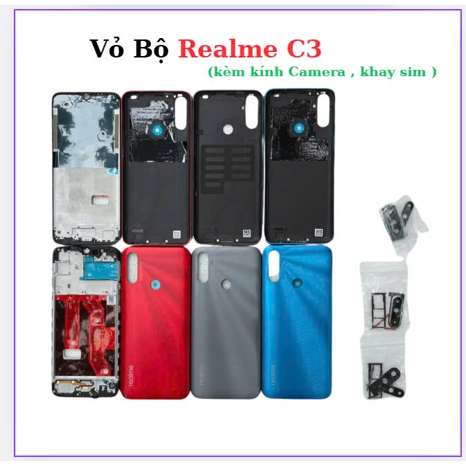 Vỏ bộ Realme C3,kèm kính camera,khay sim