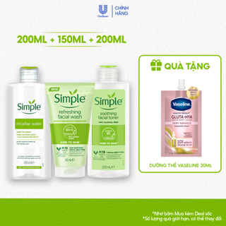[LIVE] Combo 3 bước dưỡng Simple Nước tẩy trang 200ml + Sữa rửa mặt 150ml + Nước hoa hồng 200ml