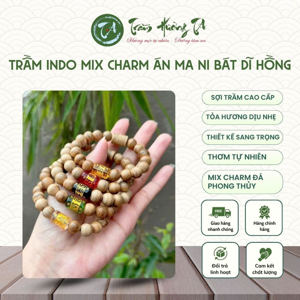 Vòng Trầm Hương Indo Mix Charm Án Ma Ni Bát Dĩ Hồng 10-12Li May Mắn Tài Lộc - VT05 - 10-12LI