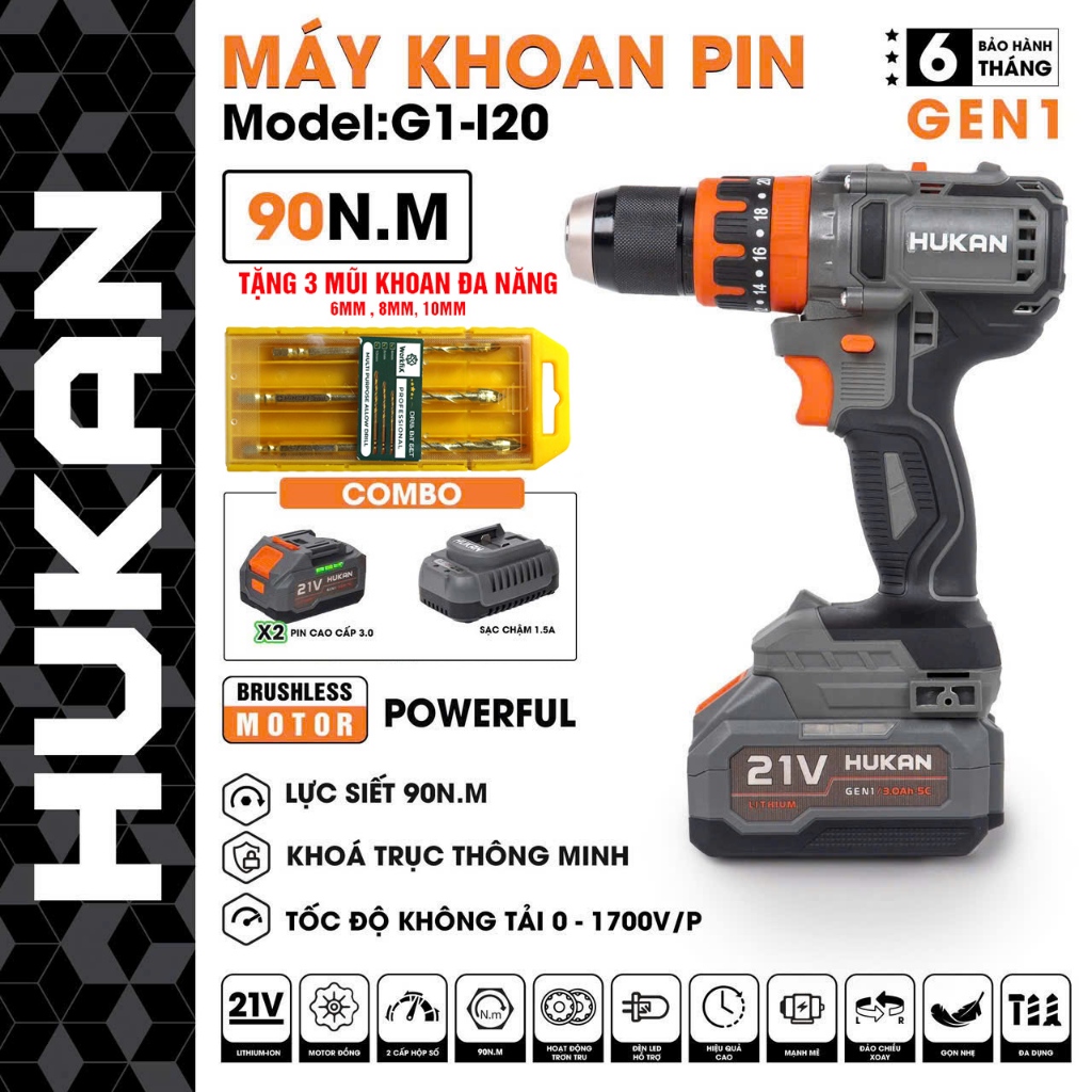 Máy Khoan Pin Hukan I20, Lực siết 90Nn, Đầu Kẹp 13mm Khoá lock trục, Không chổi than