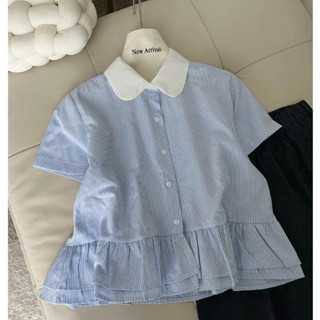 Áo Sơ Mi Nữ Kiểu Babydoll Cổ Sen Ngắn Tay Kẻ Sọc Oxford, Áo Sơ Mi Croptop Form Rộng Basic Phong Cách Hàn Quốc