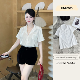  EMLYvn -  Áo Sơ Mi Nữ Cộc Tay Lụa Trắng HIỀN HỒ  Áo Sơ Mi Trắng Trơn Cộc Tay Có Túi  KHÔNG BỊ NHĂN   