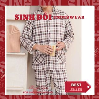 Pijama nam, bộ ngủ nam trung niên dài tay quần dài chất cotton dày thấm hút mồ hôi mềm mịn giữ ấm