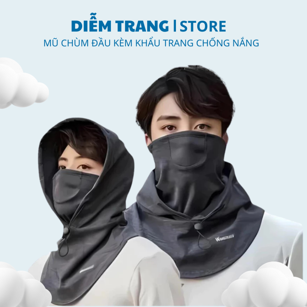 Mũ Trùm Đầu Kèm Khẩu Trang Nam Nữ - Nón Che Nắng Chống Tia UV Có Dây Rút ( Hàng Đẹp )