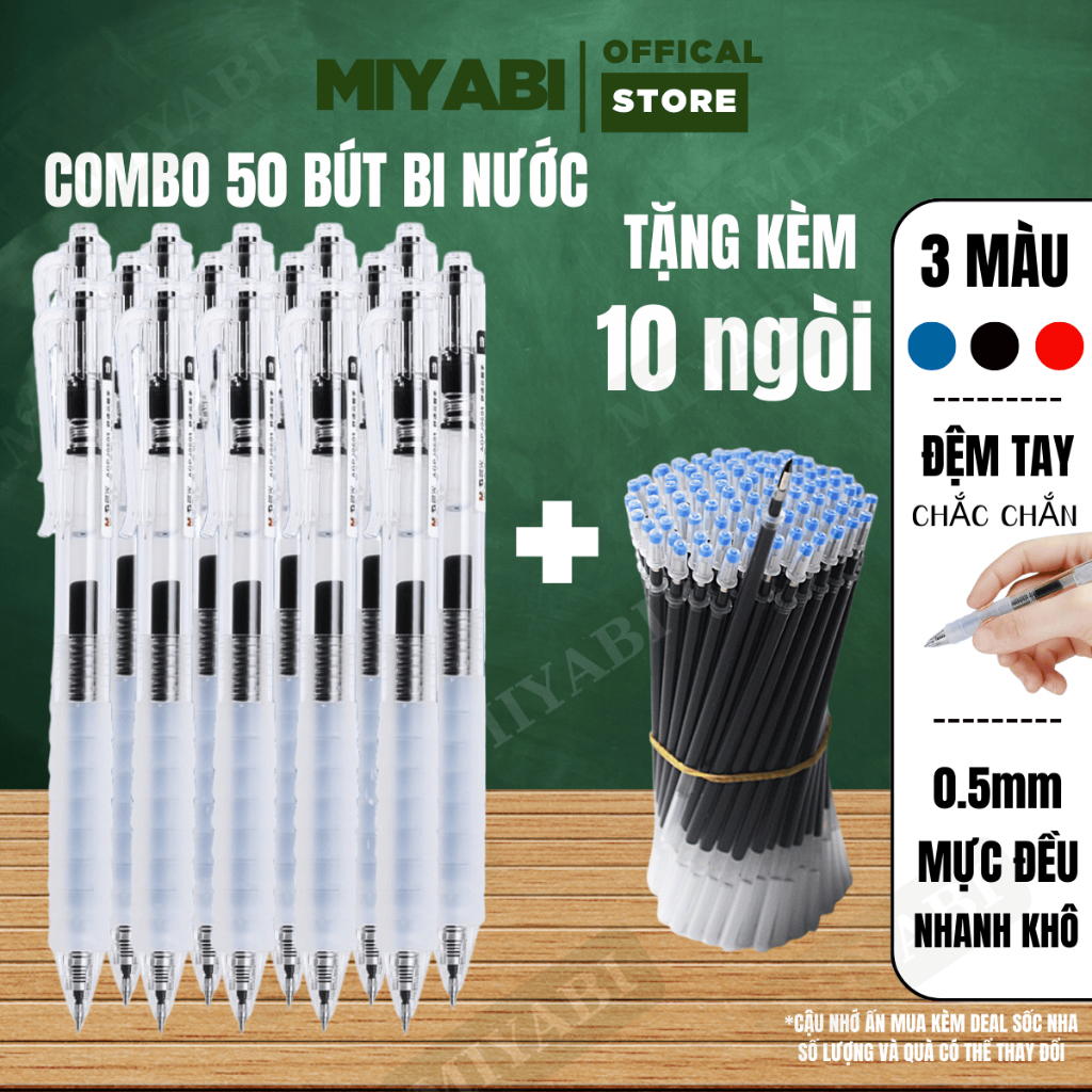 COMBO 50 bút bi nước + 10 ngòi bút St 0.5mm mực đều , bút gel bấm khô nhanh văn phòng , học sinh