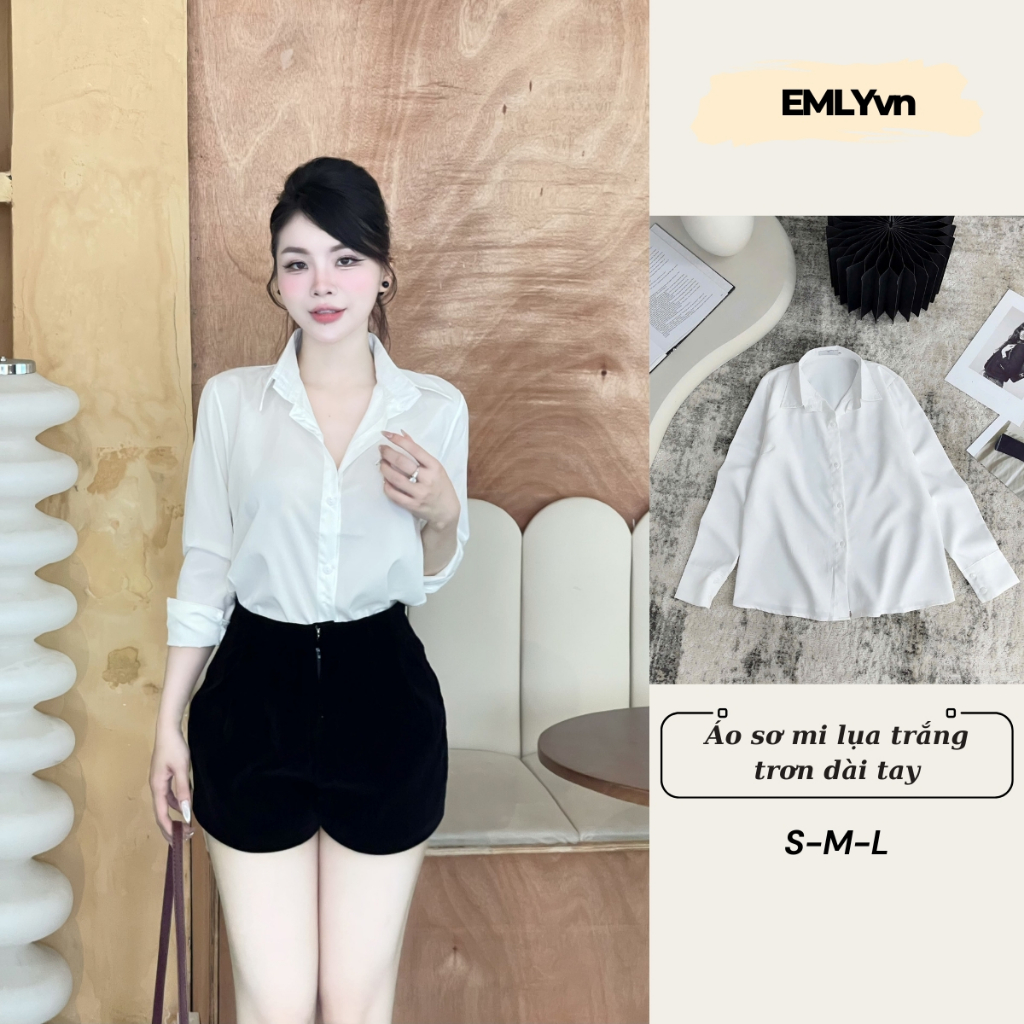 Áo Sơ Mi Lụa Nữ EMLYVN Trắng Trơn Dài Tay, Áo Sơ Mi Công Sở Sơ Mi Dài Tay Nữ (…