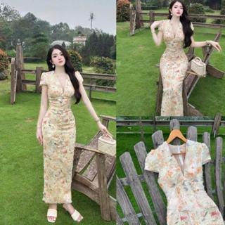 Váy ren hoa cổ V dáng body dài B30