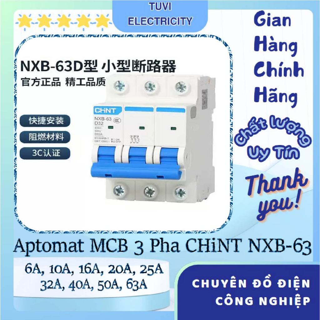 Aptomat MCB 3 Pha CHiNT NXB-63:6A, 10A, 16A, 25A, 32A, 40A, 50A, 63A Dòng Cắt 6kA-10kA, {Chính Hãng}