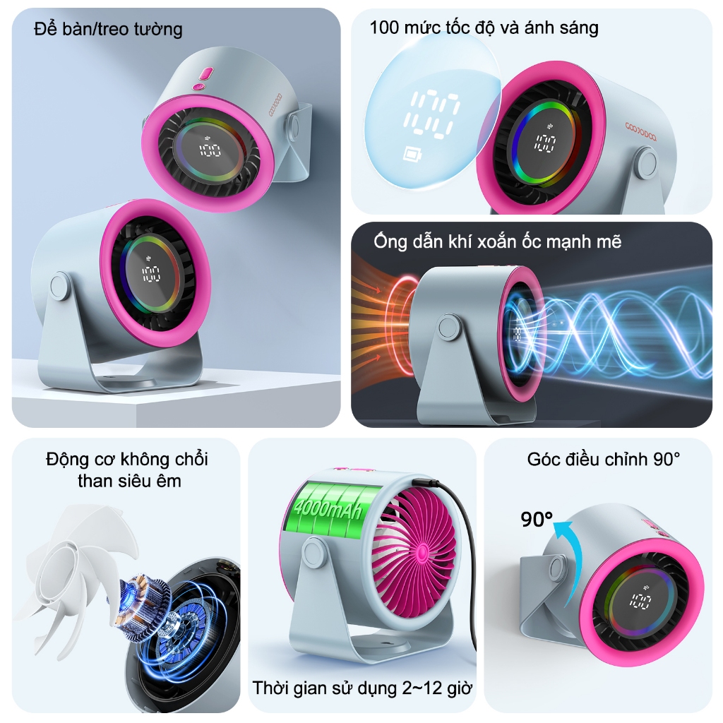 Quạt để bàn USB GOOJODOQ Quạt để bàn lưu thông pin sạc im lặng có thể điều chỉnh 100 tốc độ | BigBuy360 - bigbuy360.vn