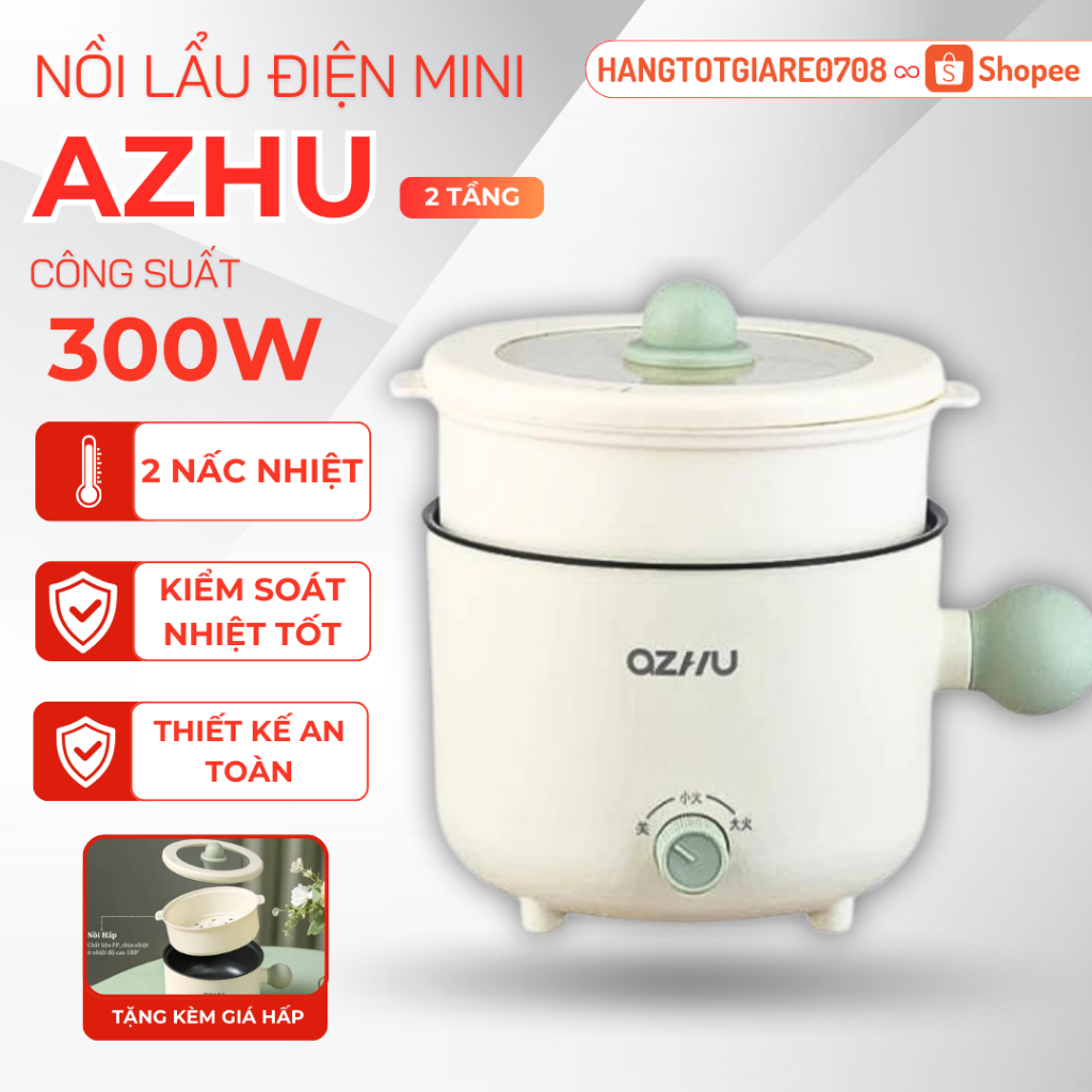 Nồi Lẩu Điện Mini Azhu Đa Năng 2 Nấc Nhiệt Kèm Giá Hấp Có Tay Cầm Dung Tích 1.8L Công Suất 600W