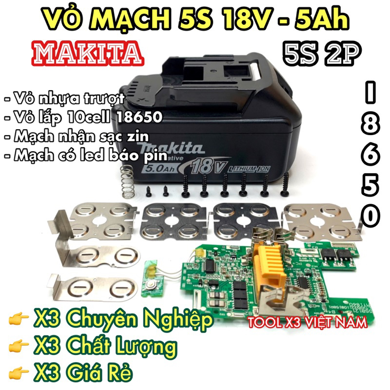 Vỏ, mạch MKT 5S2P 18V - 5Ah nhận sạc zin 18650 (ML52P)