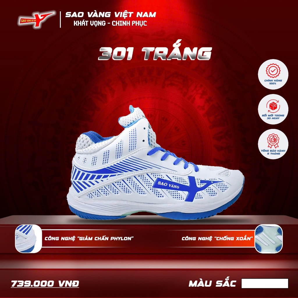 GIÀY BÓNG CHUYỀN SAO VÀNG 301 TRẮNG TẶNG KÈM TẤT - GIÀY THỂ THAO